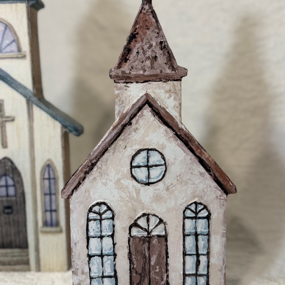 SOLD OUT‼️ Wooden Church Decor Set • Farmhouse Christmas Chapel Pair • Hand-Pain - Picture 4 of 6